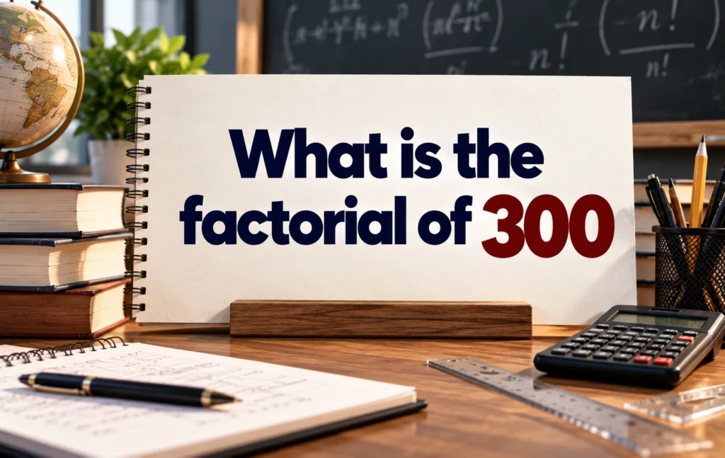 Educational image displaying the topic "What is the factorial of 300" on a notebook, surrounded by mathematics books, a calculator, pencils, and study materials.