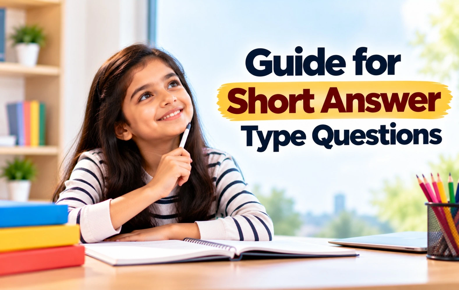 Girl studying at a desk with a notebook and pencil, illustrating a guide to short answer type questions.