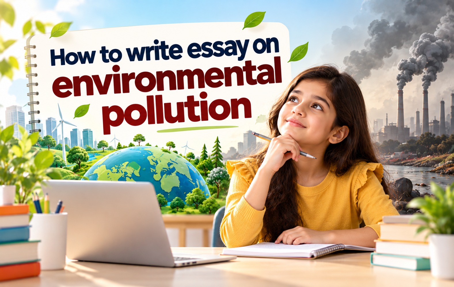 Environmental pollution essay explaining air, water, and land pollution, their causes, effects, and solutions.
