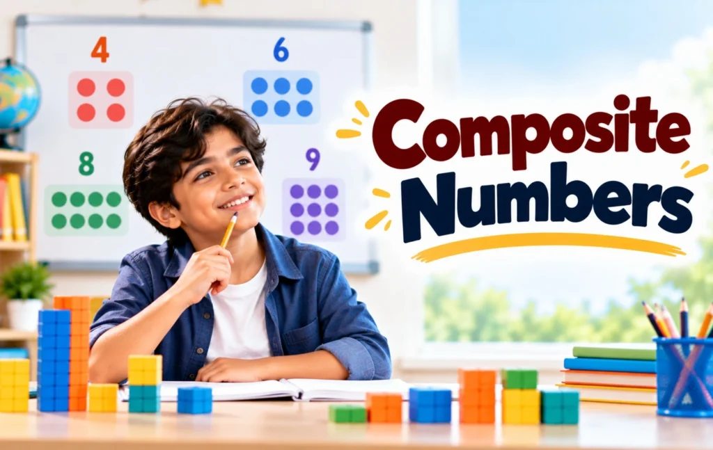 Class 4 student learning composite numbers with colorful math blocks and number examples in a classroom setting.